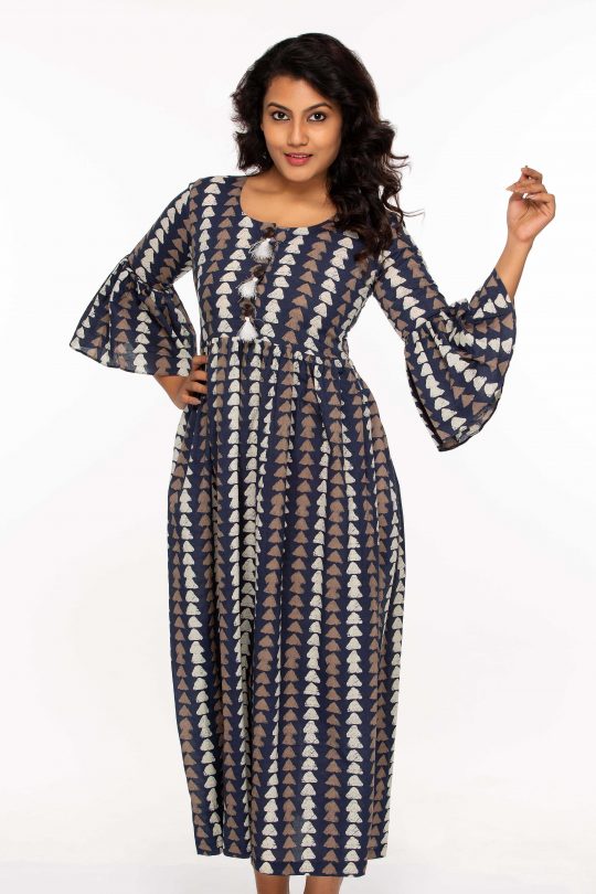 Block Printed Dress with Bell Sleeves