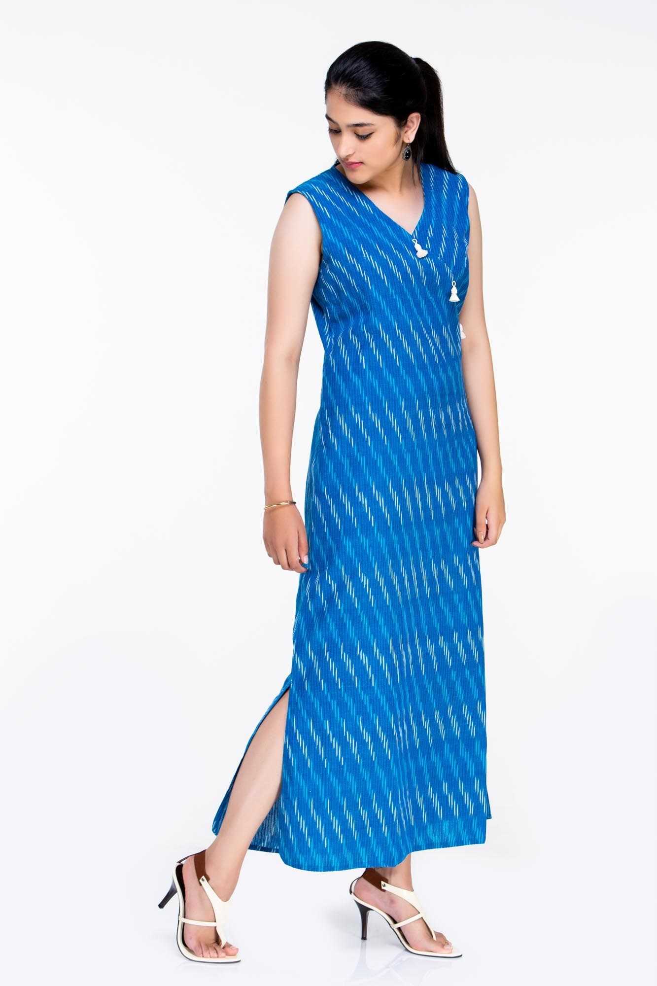 Ikat Long Dress Designs - Heavenly Blue Ikat Long Dress - LotusLane