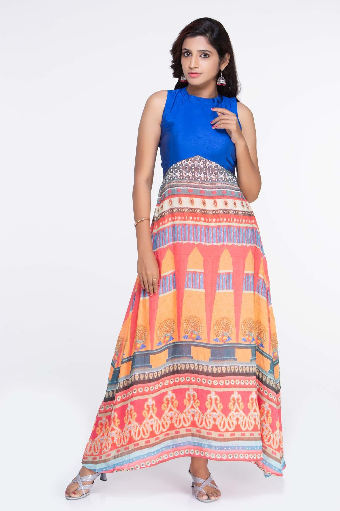 Blue Kela Silk Gold Border Gown Dress | Indian dresses online, Maxi dress,  Indian dresses