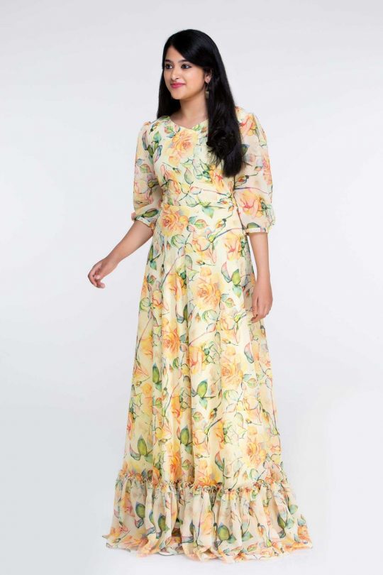 Yellow Floral Georgette Dress Party Gown