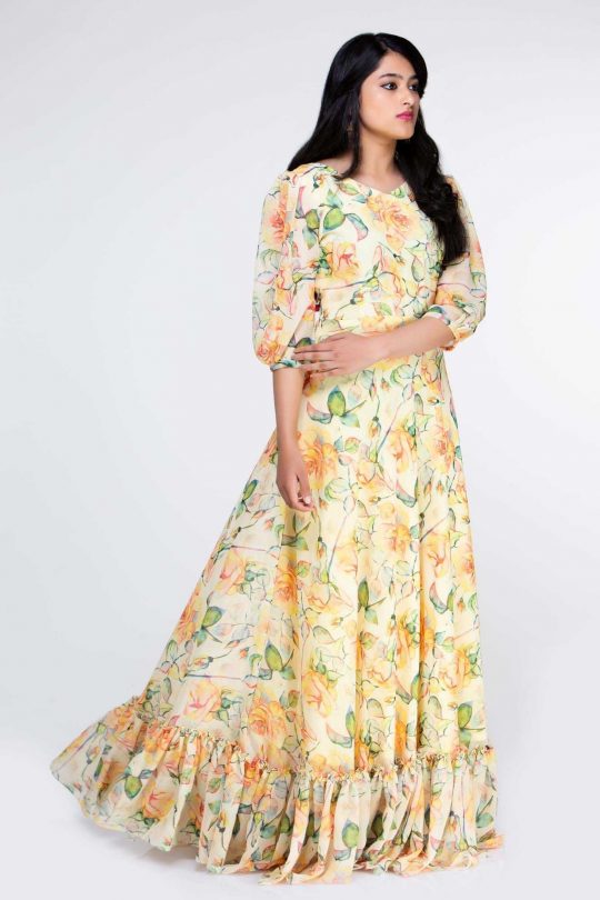 Party Gowns - Yellow Floral Georgette Dress - LotusLane