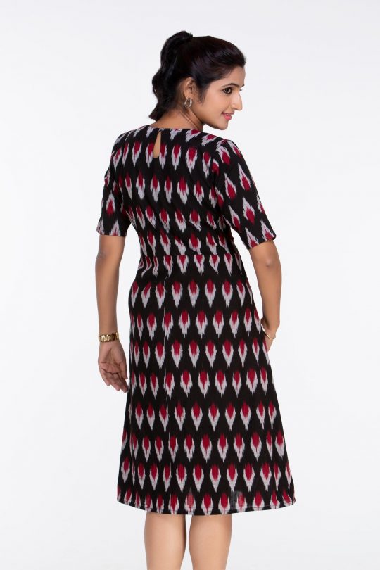 Black and Red Ikat Dress with Elbow Sleeves