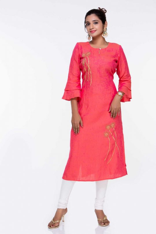 Pure Linen Pink Kurti with Embroidery
