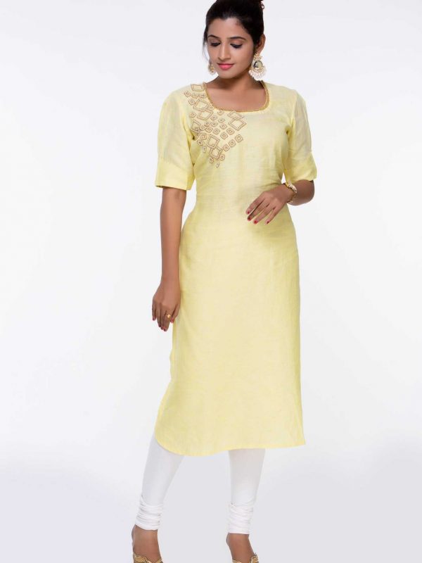 Pure Linen Yellow Kurti with Embroidery