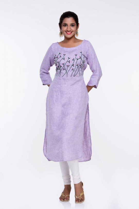 Pure Linen Purple Kurti with Embroidery