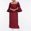 Pure Linen Maroon Kurti with Embroidery