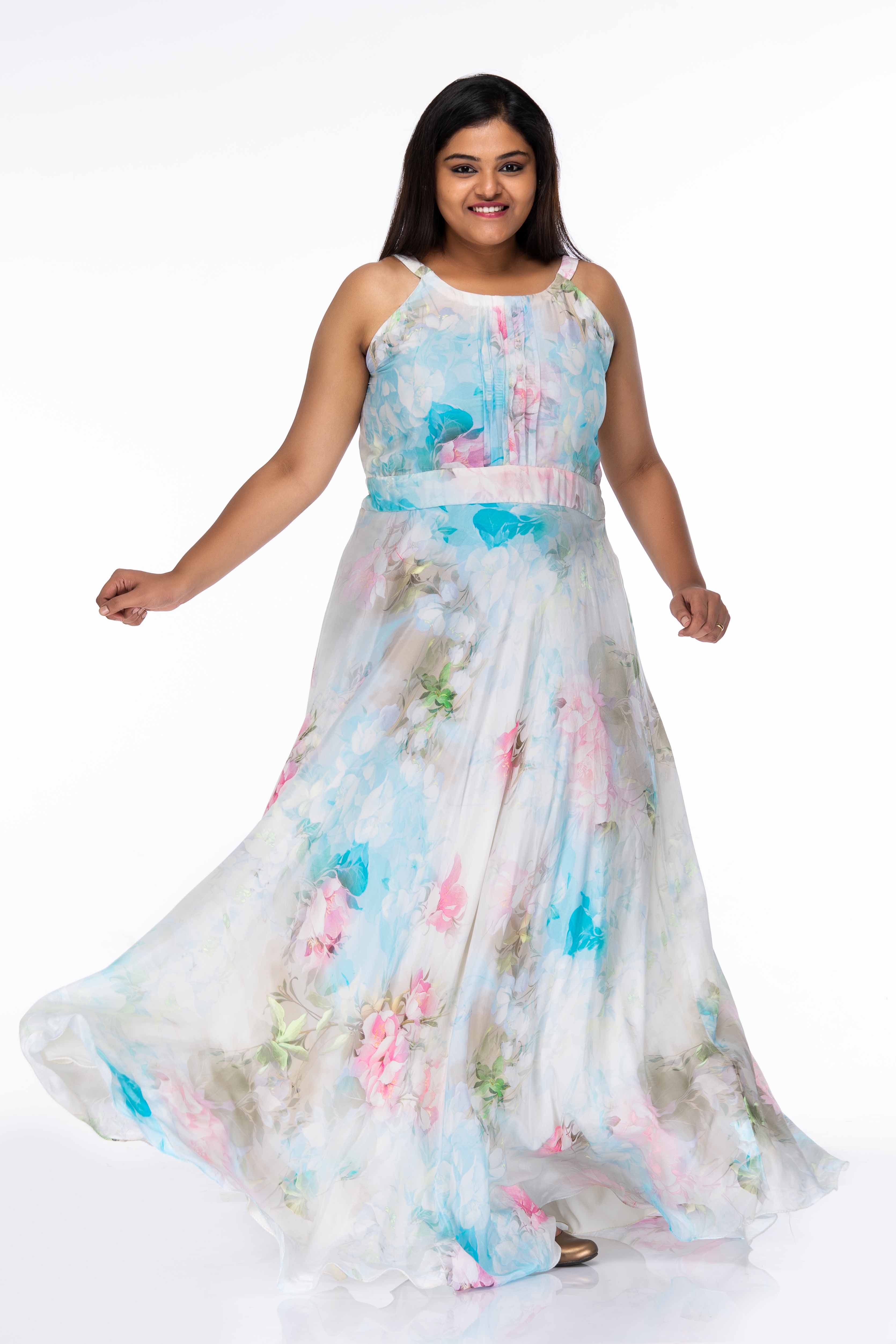 Organza Multicolour Floral Printed Gown with Detachable Shrug - Urbanchic  Online Fashion Store