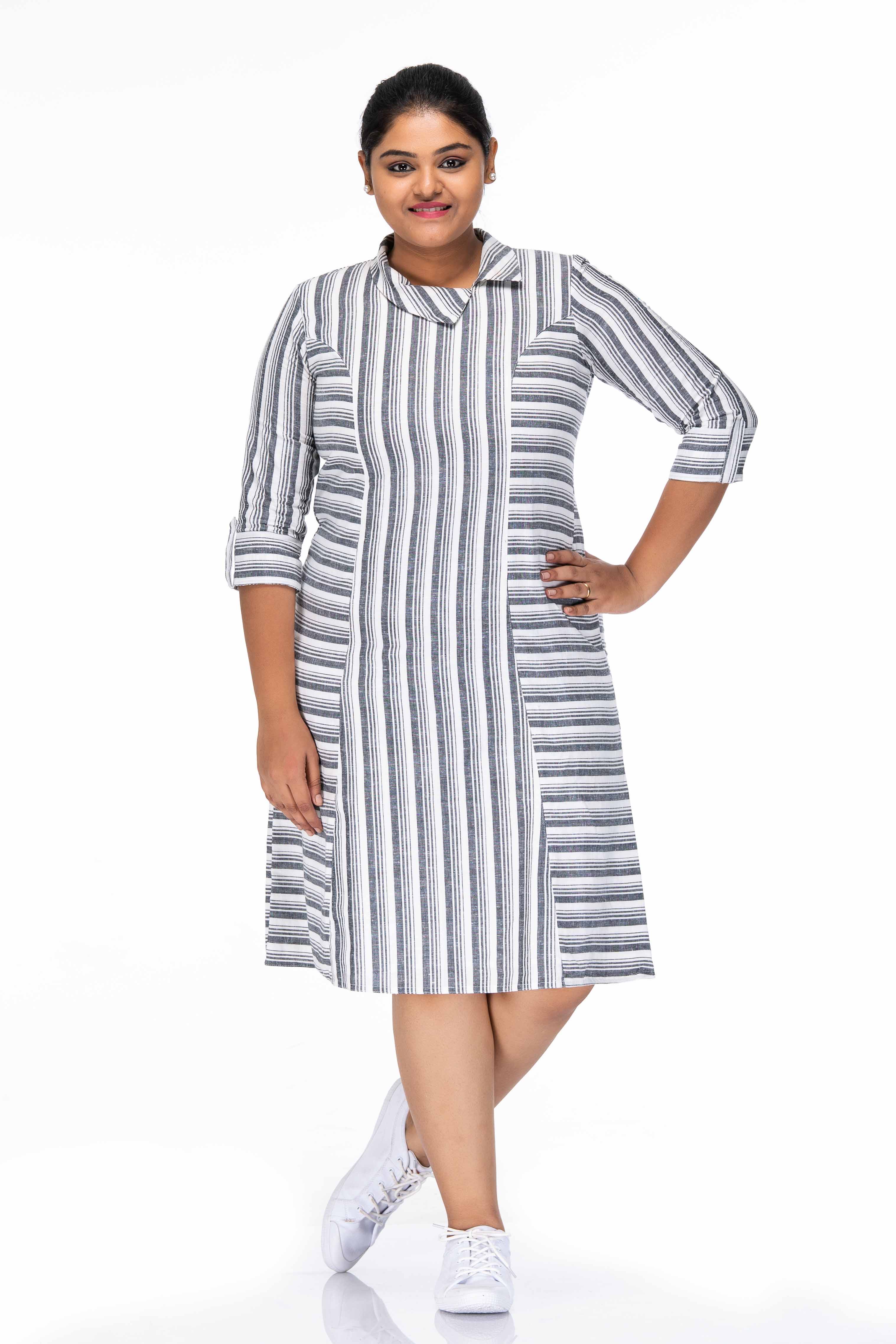 Black and White Checkered Cotton Shirt Dress for Women