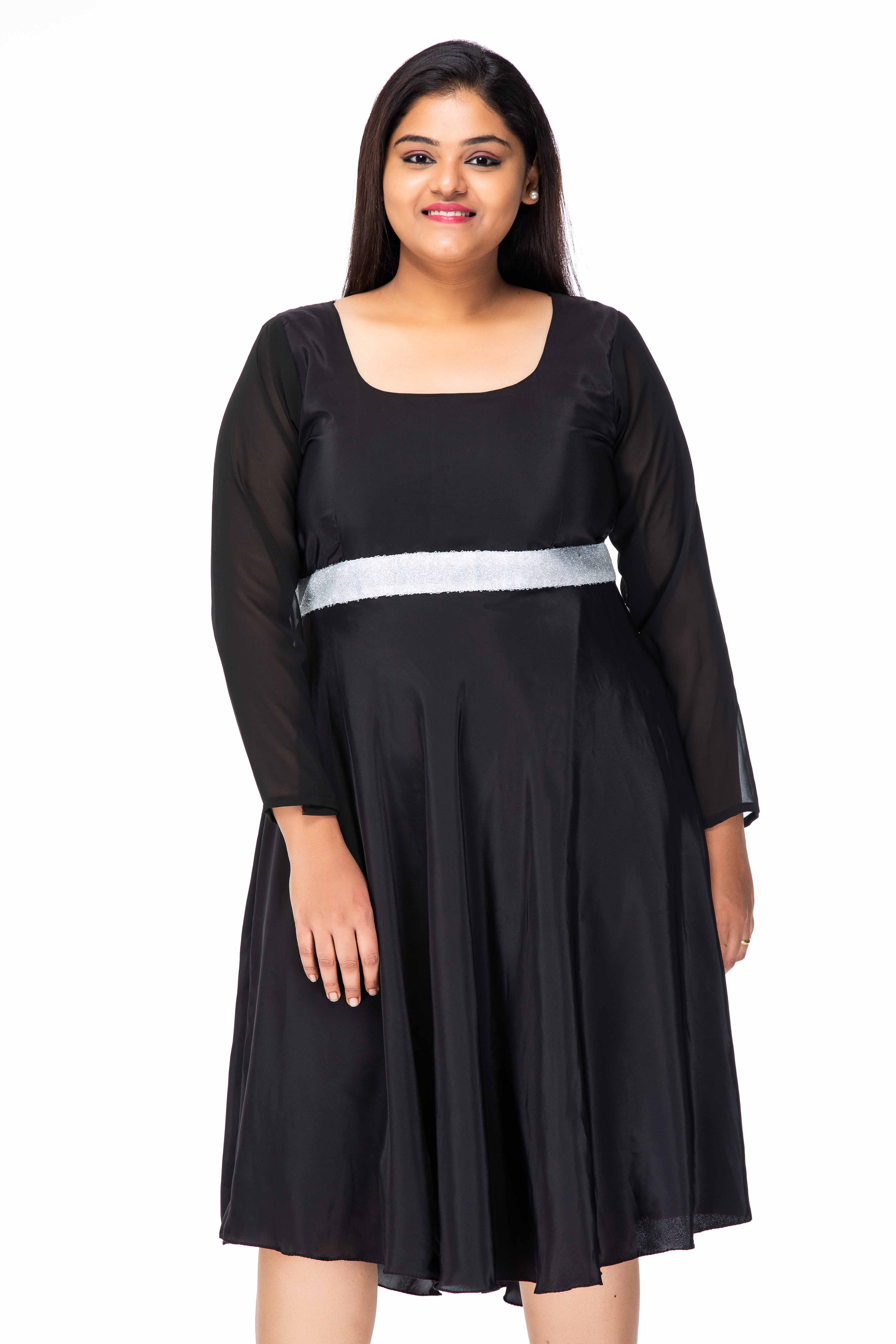 Knee Length Dress - Plus Size Dress - Black Party Wear Dress - Lotuslane