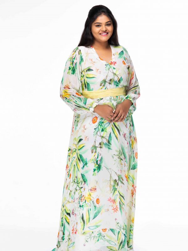 ELEGANT CREAM FLORAL PRINT WRAP PLUS SIZE MAXI DRESS