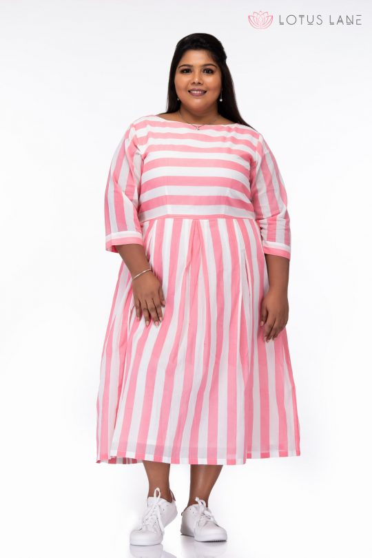 Plus Size Candy Stripes Pink Cotton Dress - Front