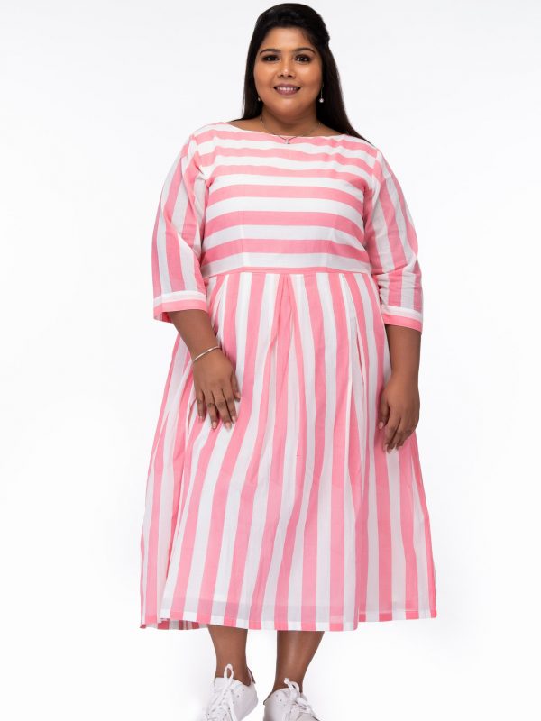 Plus Size Candy Stripes Pink Cotton Dress - Front