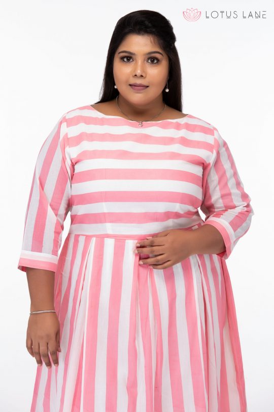 Plus Size Candy Stripes Pink Cotton Dress - Closeup