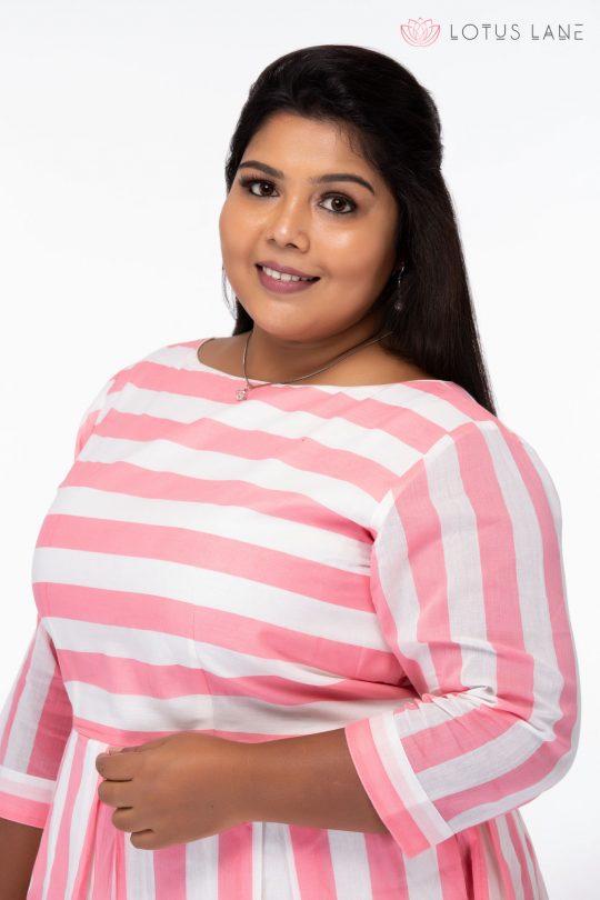 Plus Size Candy Stripes Pink Cotton Dress - Neckline