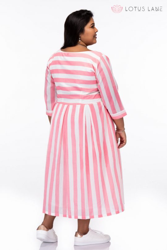 Plus Size Candy Stripes Pink Cotton Dress - Back