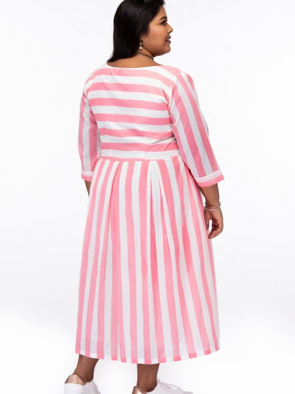 Plus Size Candy Stripes Pink Cotton Dress - Back