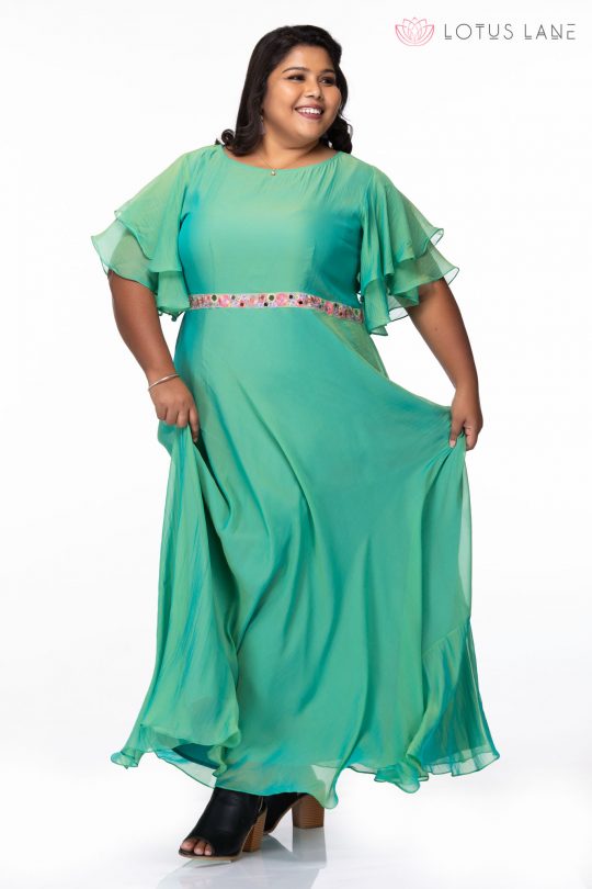 Plus size Shimmering Green Georgette Plus Size Gown - 2
