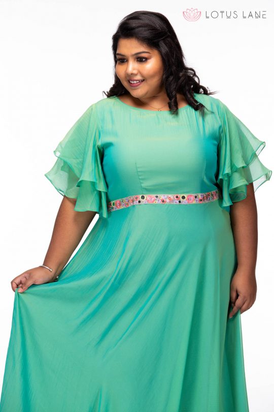 Plus size Shimmering Green Georgette Plus Size Gown - Side