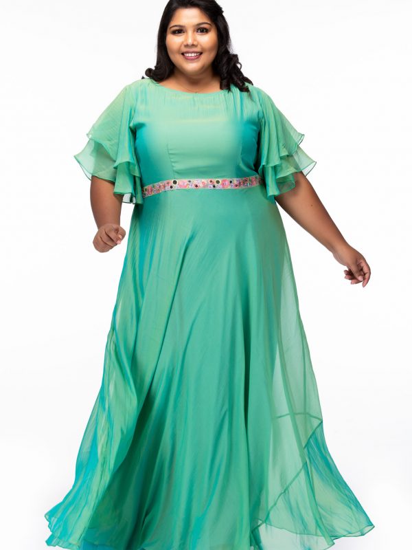 Plus size Shimmering Green Georgette Plus Size Gown