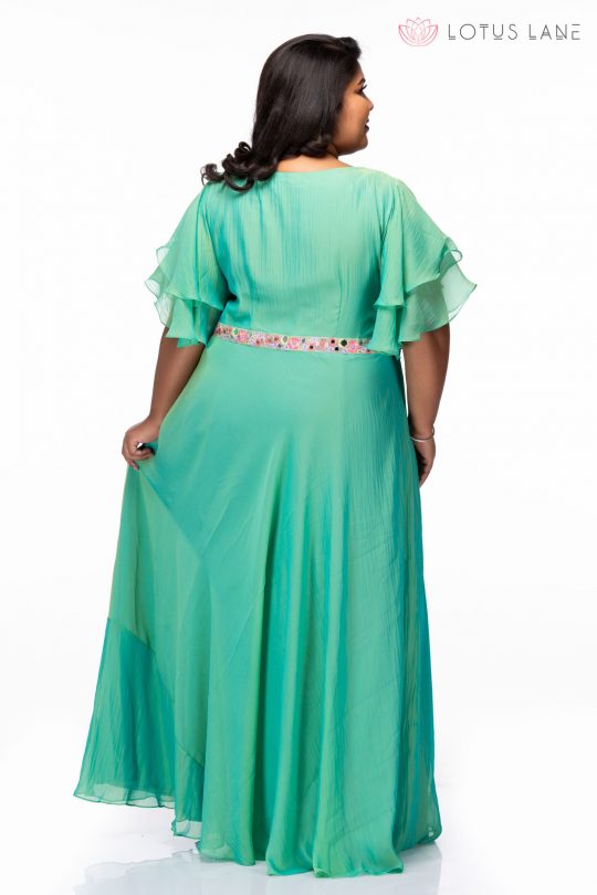 Plus size Shimmering Green Georgette Plus Size Gown - back