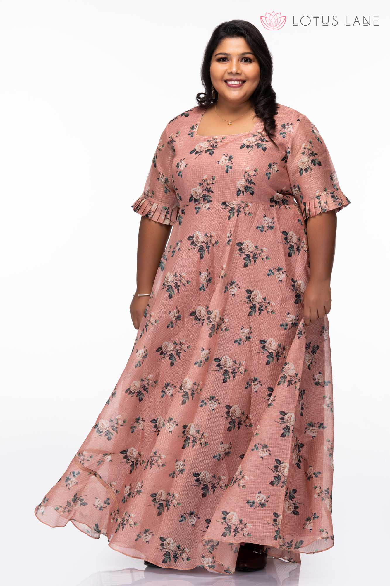 Flowers and Buds Rose Gold Party Wear Plus Size Dress