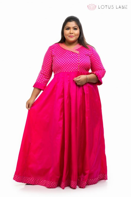 Collor neck with Pink brocade silk plus size dress 3