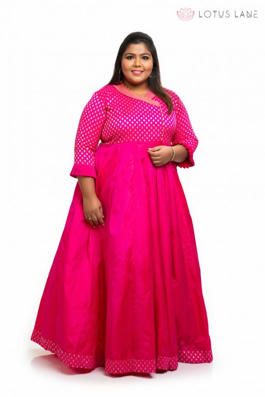 Collor neck with Pink brocade silk plus size dress 2