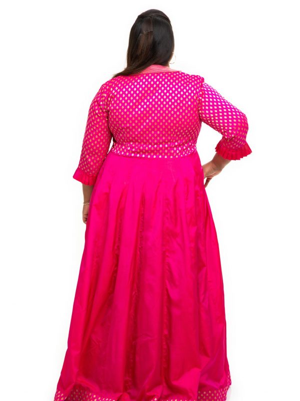 Collor neck with Pink brocade silk plus size dress