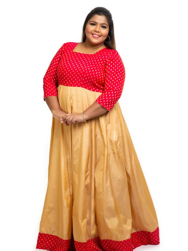 Red brocade silk plus size Dress 3