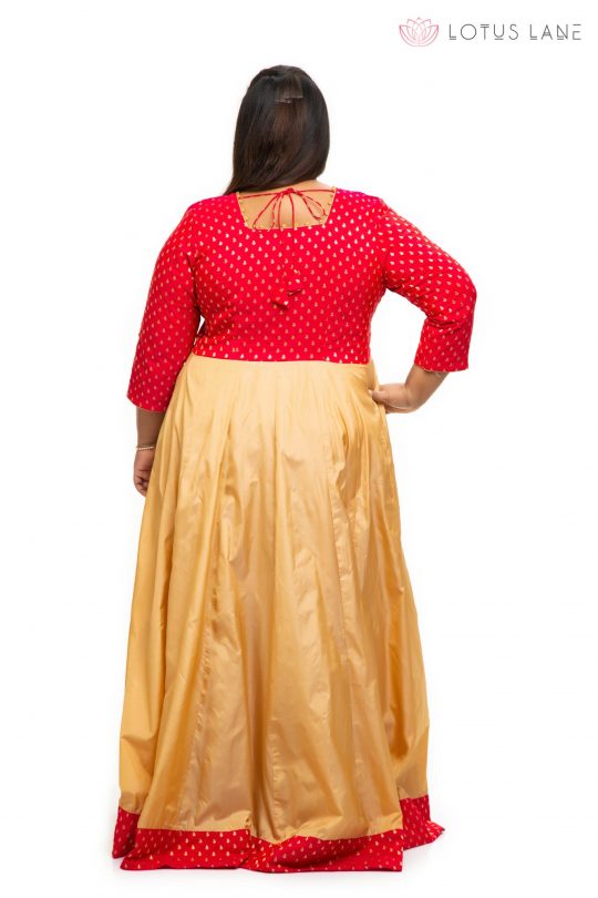 Red brocade silk plus size Dress back