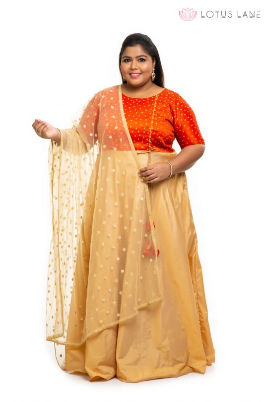 Orange sequin silk fabric with Beige gold silk plus size dress1