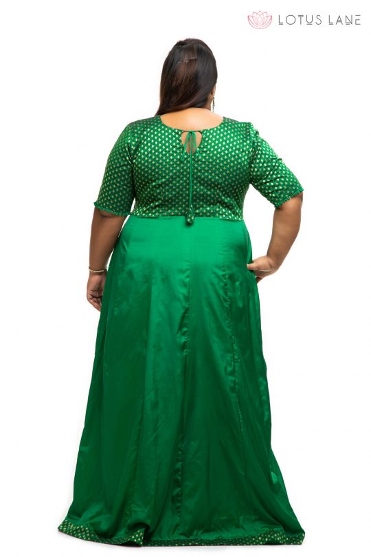 Green brocade plus size dress back