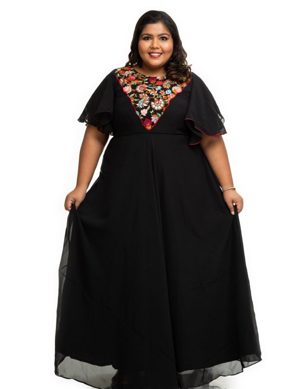 Black Georgette plus size dress with embroidery yoke 4