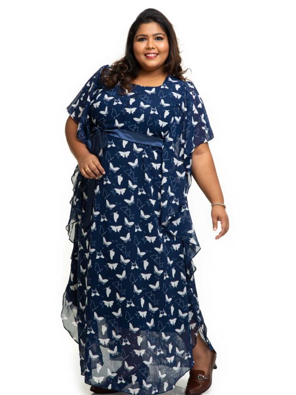 Navy blue printed Georgette Kaftan Dress 3