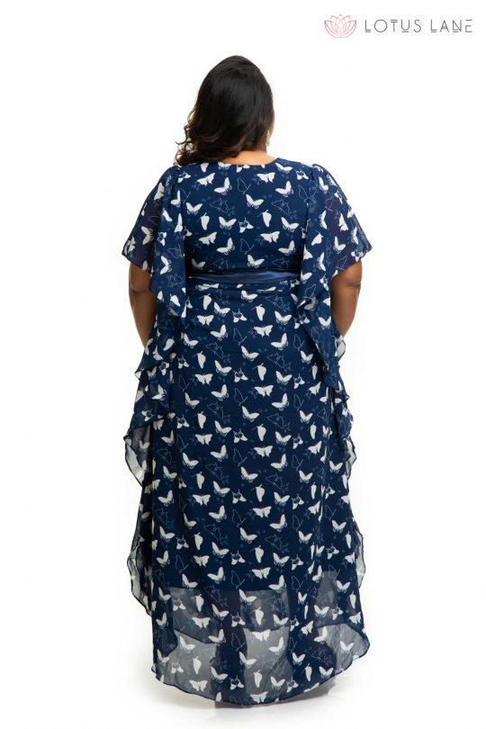 Navy blue printed Georgette Kaftan Dress Back