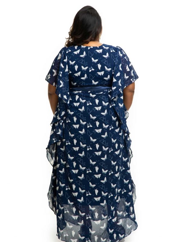 Navy blue printed Georgette Kaftan Dress Back