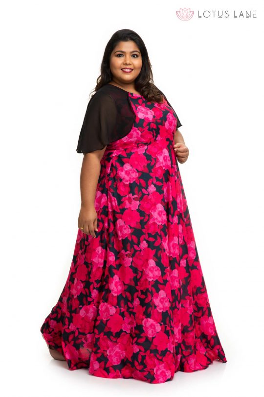 Rose and black printed modal satin plus size Dress 2