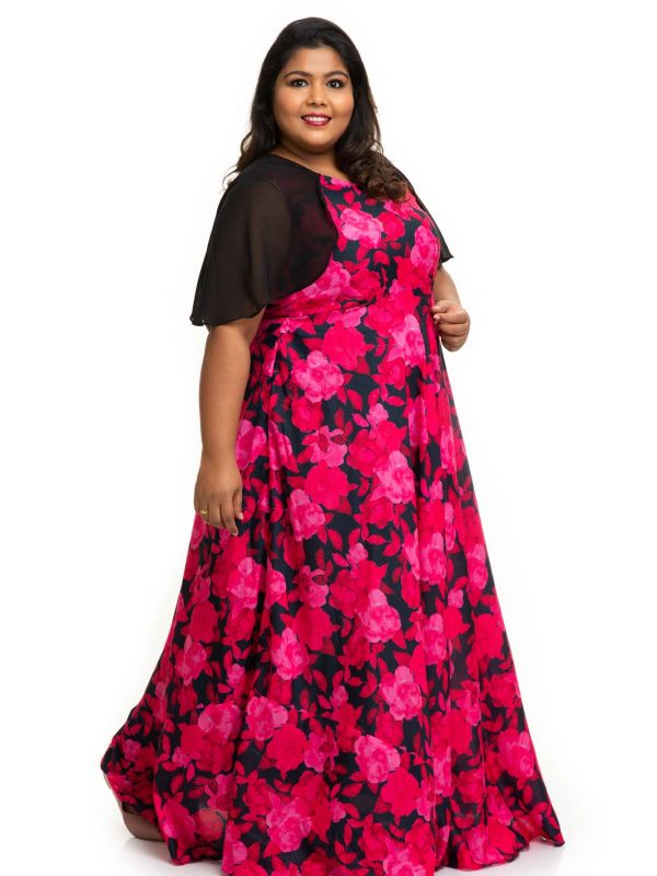 Rose and black printed modal satin plus size Dress 2