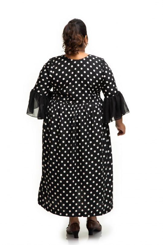 Black polka sand crape plus size dress back